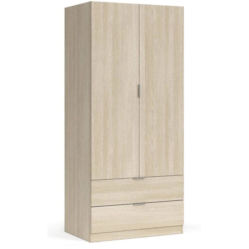 Dmora Vestiaire Burbank, Armoire de chambre avec 2 portes et 2 tiroirs, Meubles de chambre avec tringle à vêtements, cm 81x52h180, Chêne, avec