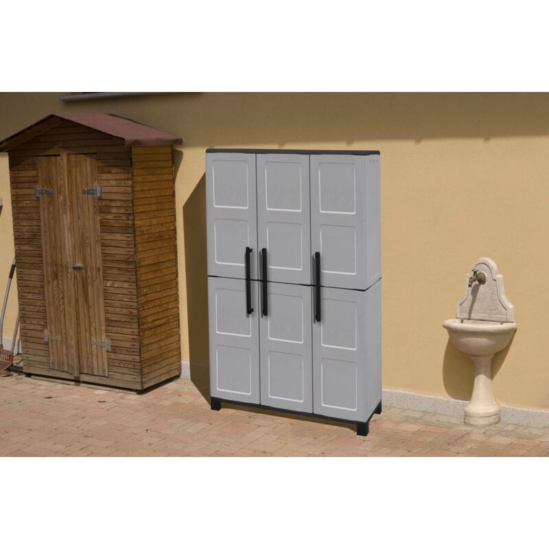 Armoire extérieure ou intérieure, 3 portes et 3 niveaux en polypropylène, 100% Made in Italy, 102x37h169 cm, couleur gris clair, avec emballage
