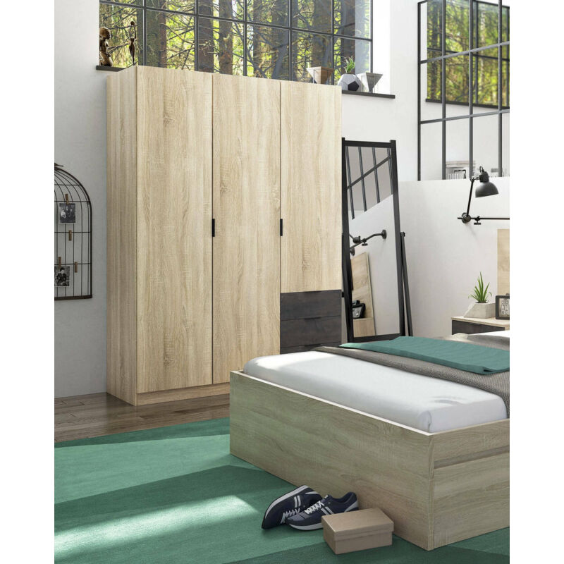 Dmora - Vestiaire Allentown, Armoire de chambre à 3 portes et 3 tiroirs, Armoire avec barre à vêtements et 3 étagères, cm 121x52h180, Chêne et Oxyde,