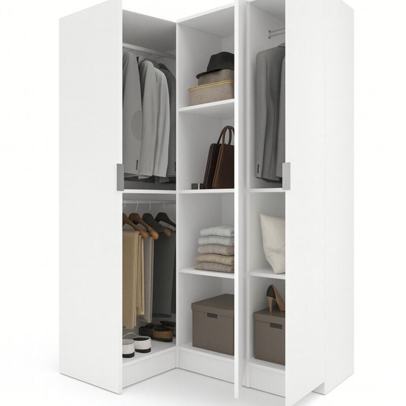 Dmora - Armoire Meru, Meuble d'angle pour chambre, Armoire d'angle avec 3 portes battantes, 133x91h184 cm, Blanc, avec emballage renforcé