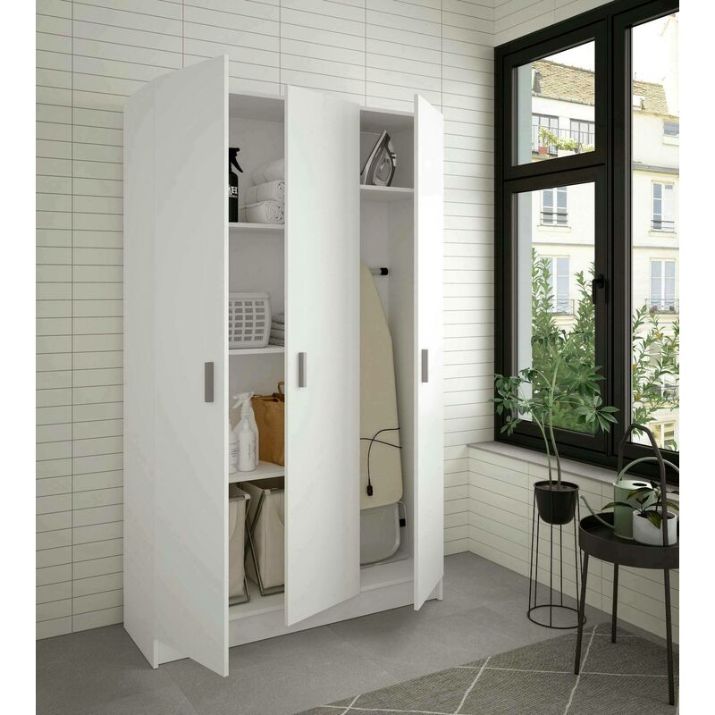 Dmora - Armoire polyvalente avec trois portes et quatre étagères réglables, couleur blanche, mesure 180 x 109 x 37 cm