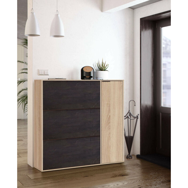 Armoire porte-chaussures à trois bas et une porte, couleur noir et chêne, capacité 30 paires de chaussures, cm 106 x 115 x 22 - Dmora