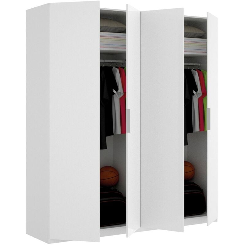 Dmora - Armoire Prado, Portemanteau pour chambre, Armoire avec 4 portes battantes, 180x52h204 cm, Blanc