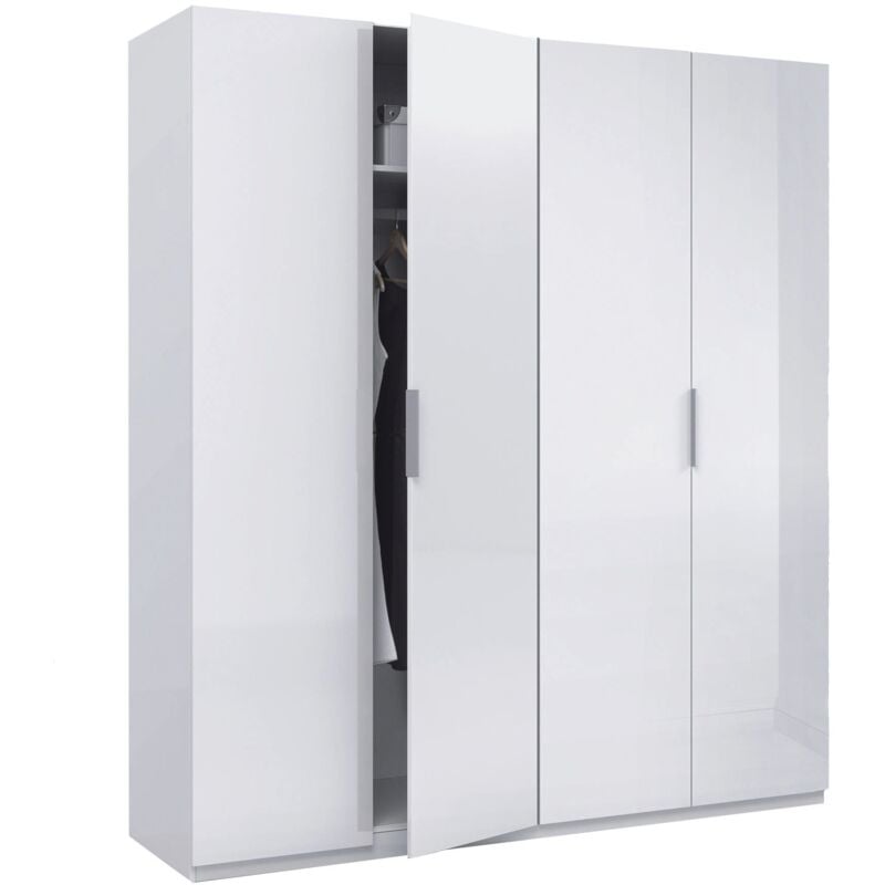 Dmora - Vestiaire Knoxville, Armoire de chambre à 4 portes battantes, Armoire avec 2 étagères et barre de cintre, cm 180x52h200, Blanc, avec
