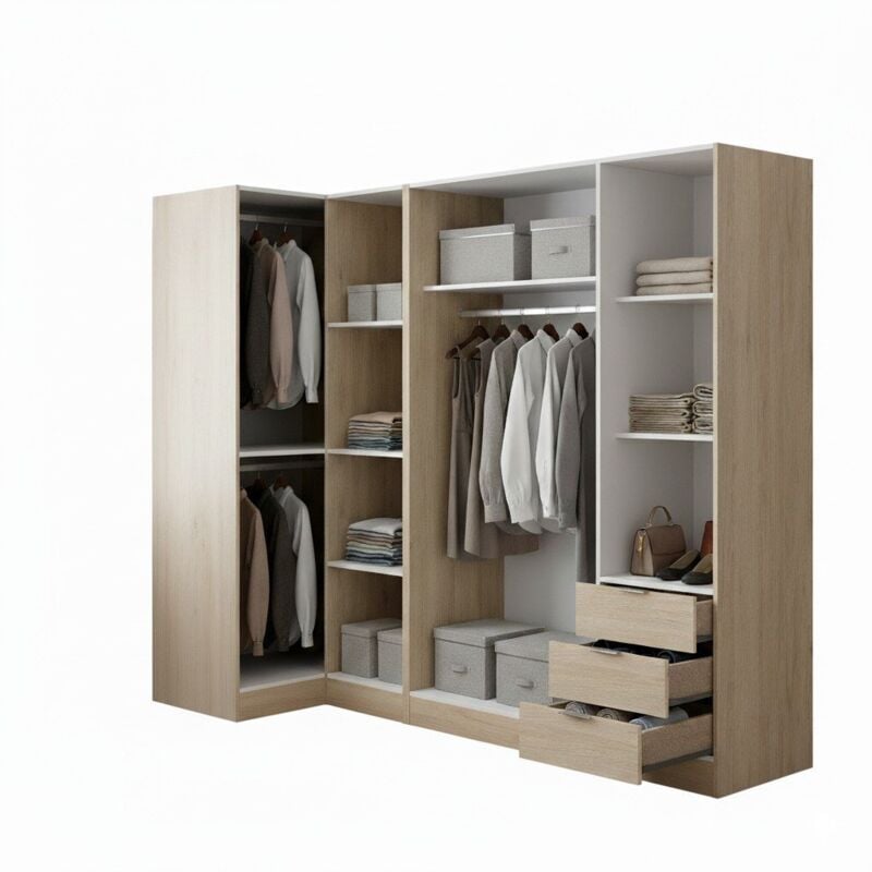 Dmora - Armoire Sucso, Meuble d'angle pour chambre à coucher, Armoire d'angle avec 5 portes battantes, 214x91h184 cm, Chêne, avec emballage renforcé
