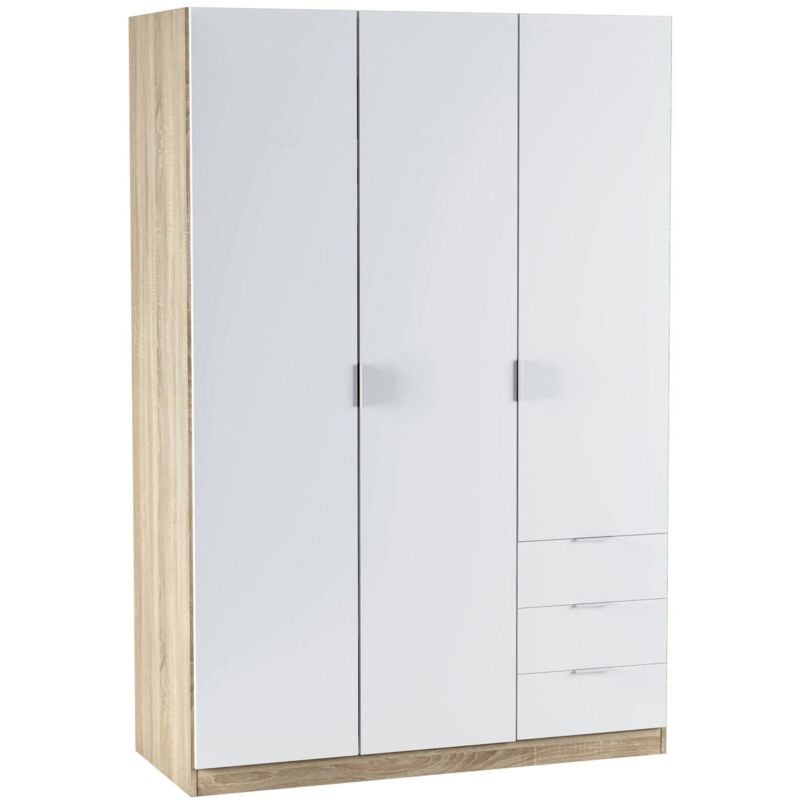 Dmora Vestiaire Allentown, Armoire de chambre à 3 portes et 3 tiroirs, Armoire avec barre à vêtements et 3 étagères, cm 121x52h180, Blanc et Chêne,