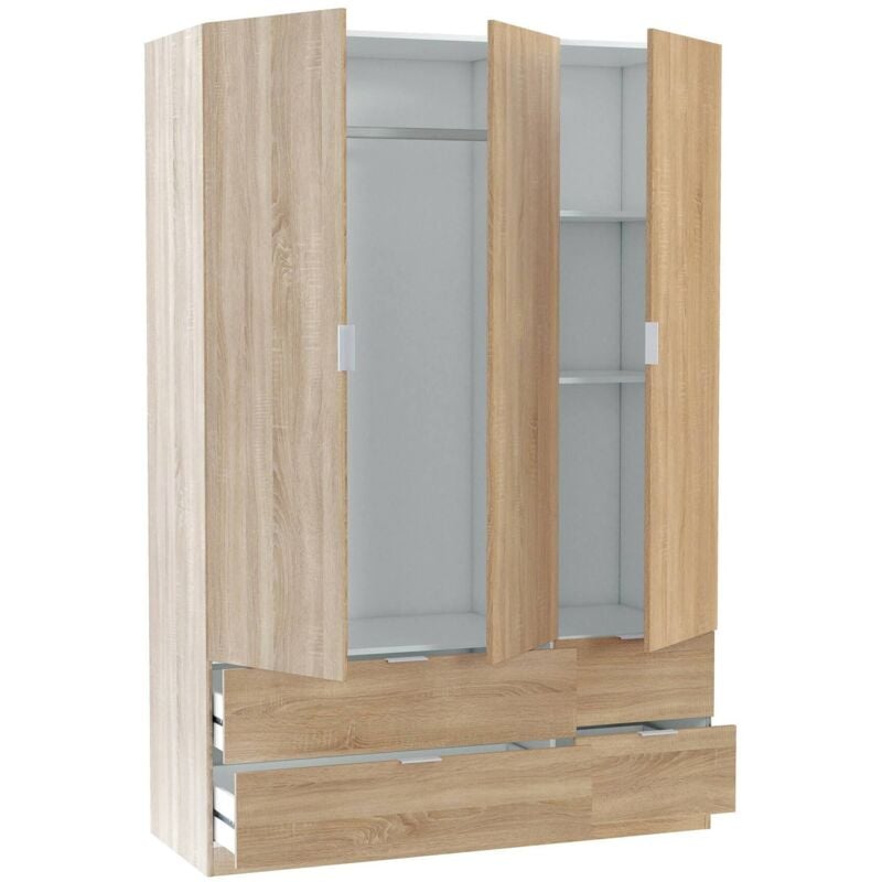 Dmora - Armoire Weymouth, Meubles de chambre avec 3 portes et 2 tiroirs, Cintre, 135x52h200 cm, Chêne, avec emballage renforcé