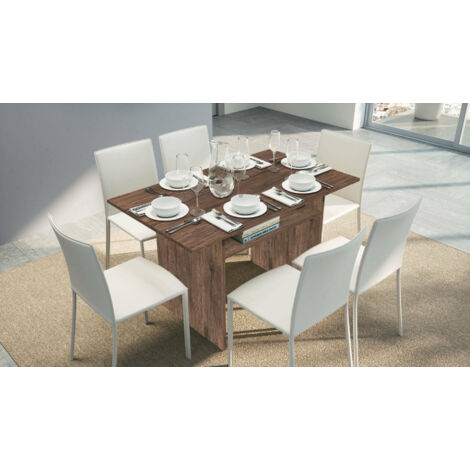 Dmora Ausziehbare Bücherkonsole, platzsparend, 100% Made in Italy, Moderner wiederverschließbarer Tisch, 120x35 / 70x75 cm, Farbe Eiche dunkel