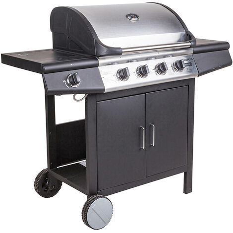 Dmora Barbacoa de gas 4 fuegos +1 en acero inoxidable, color negro, 136 x 56 x h106 cm