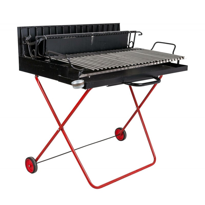 Dmora - Barbecue à bois sur roulettes, Made in Italy, coloris noir et rouge, 110 x 80 x h104 cm, avec emballage renforcé