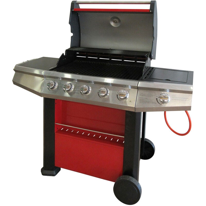 Dmora - Barbecue gaz 4 feux + 1 côté, couleur rouge, 156 x 58 x h121 cm, avec emballage renforcé