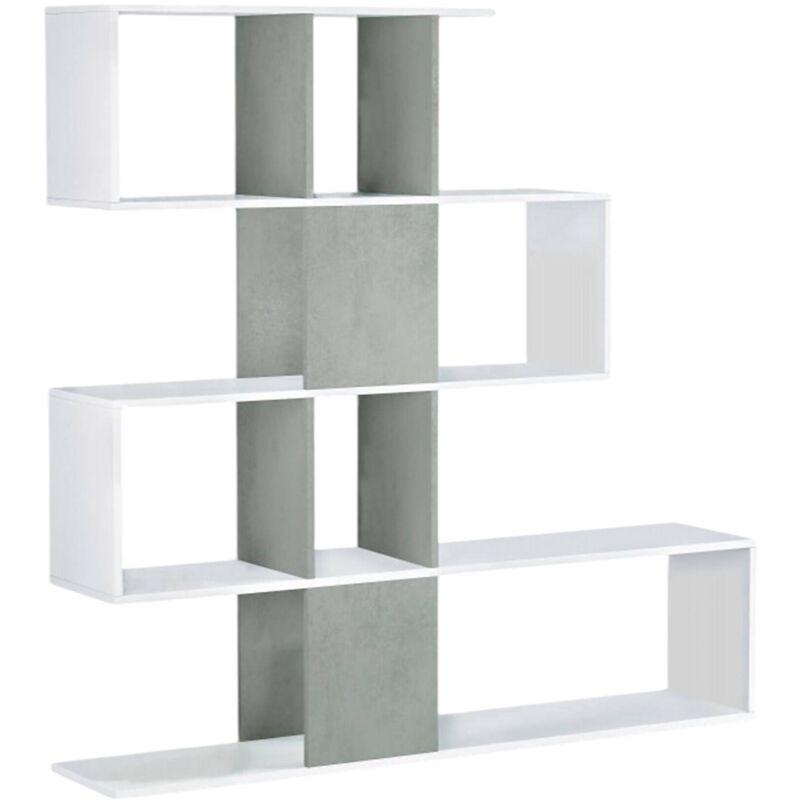

Librería Male decorativa y funcional con cinco compartimentos, color blanco con inserciones en color cemento, 145 x 145 x 29 cm. - Dmora