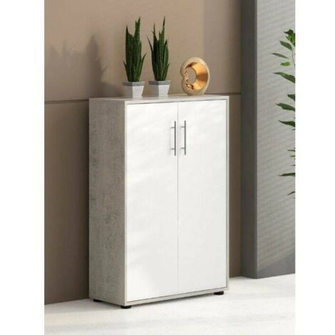 Dmora Bibliothèque avec 2 portes et 2 étagères, Etagère pour livres et documents, Armoire de rangement de bureau, cm 79x34h188, Couleur Blanc et Ciment, avec emballage renforcé