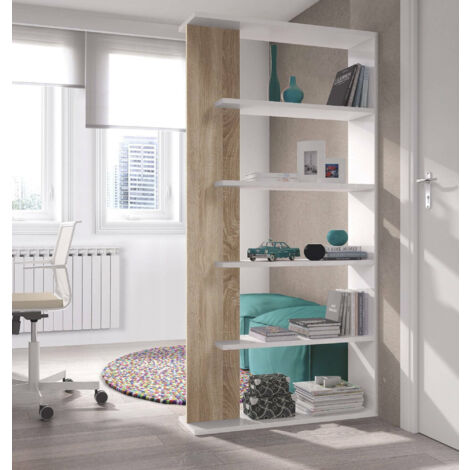 Dmora Bibliothèque avec cinq étagères, couleur blanc artik avec détail couleur chêne, dimensions 90 x 180 x 25 cm