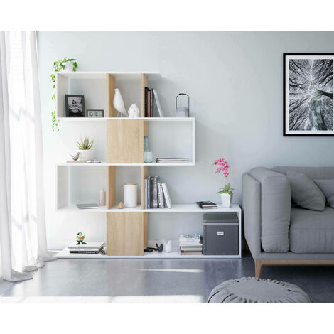 Dmora Bibliothèque décorative et fonctionnelle à cinq compartiments, blanche avec inserts couleur chêne, Dimensions 145 x 145 x 29 cm, avec emballage renforcé