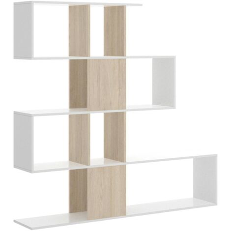 Dmora – Bibliothèque moderne 7 compartiments – Dimensions 145x29x145 cm – Panneau mélaminé résistant aux chocs – Unité murale blanche et chêne - 145x29h145