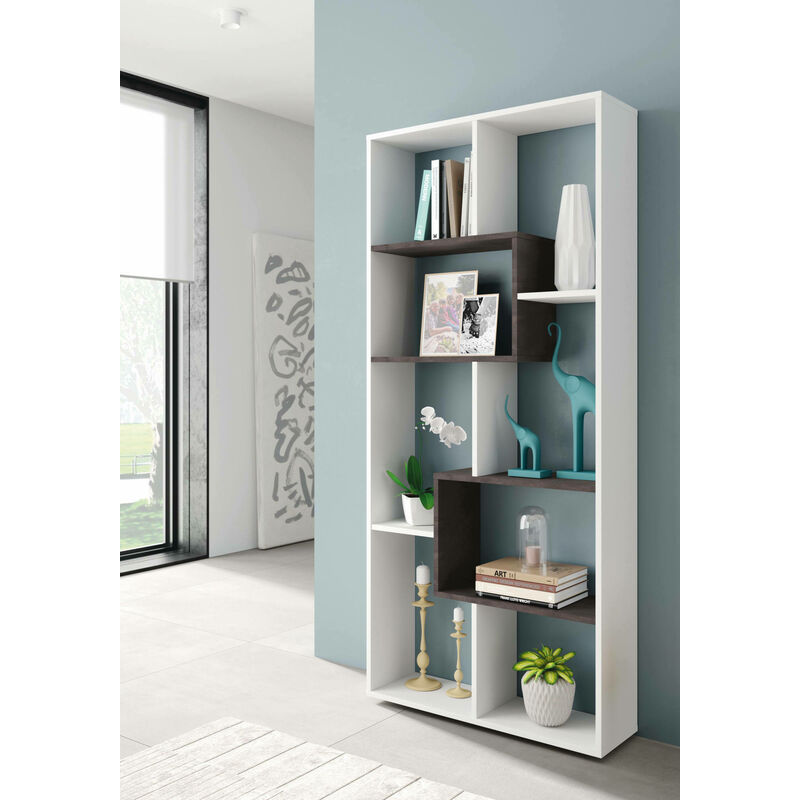 Dmora - Bibliothèque multi position avec huit étagères, couleur blanche avec détail couleur anthracite, Mesures 80 x 180 x 25 cm
