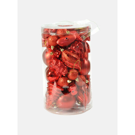 Dmora Boîte 50 pièces décorations de Noel multi-formes, ornements et pointe, ensemble assortiment de boules de Noel, boîte ensemble arbre de Noel, 4 à 10 cm, couleur rouge