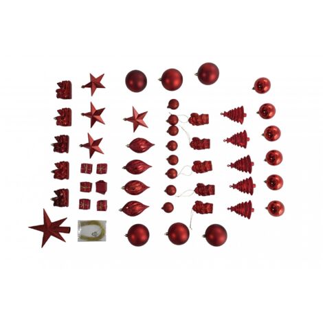 Dmora Box 50 Stück mehrformige Weihnachtsdekorationen, Ornamente und Spitze, Set Sortiment Weihnachtskugeln, Box Set Weihnachtsbaum, 4 bis 10 cm, Farbe ro