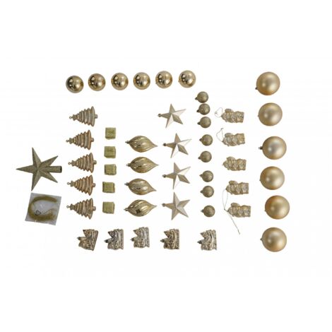 Dmora Box 50 Stück mehrformige Weihnachtsdekorationen, Ornamente und Spitze, Set Sortiment Weihnachtskugeln, Box Weihnachtsbaum Set, 4 bis 10 cm, Gold Farbe