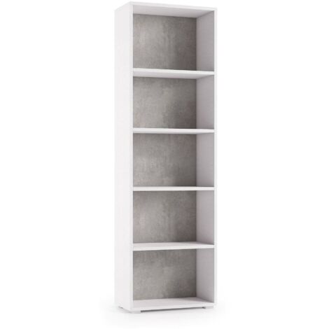Dmora - Bücherregal Dedjoum, Bibliothek mit 4 verstellbaren Einlegeböden, Bücherregal, Schrankwand mit Regalen, 100% Made in Italy, 60x30h195 cm, Weiß und Beton