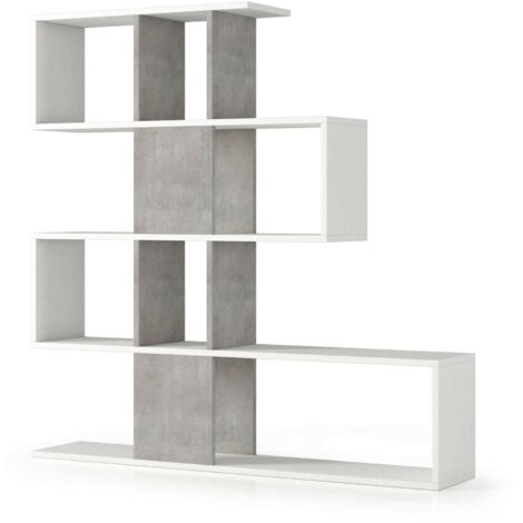 Dmora Bücherregal Hoya, Doppelseitige Bibliothek mit 5 Regalen, Zick - Zack - Regal für Bücher, Schrankwand mit Regalen, 100% Made in Italy, Cm 145x29h145, Weiß und Beton