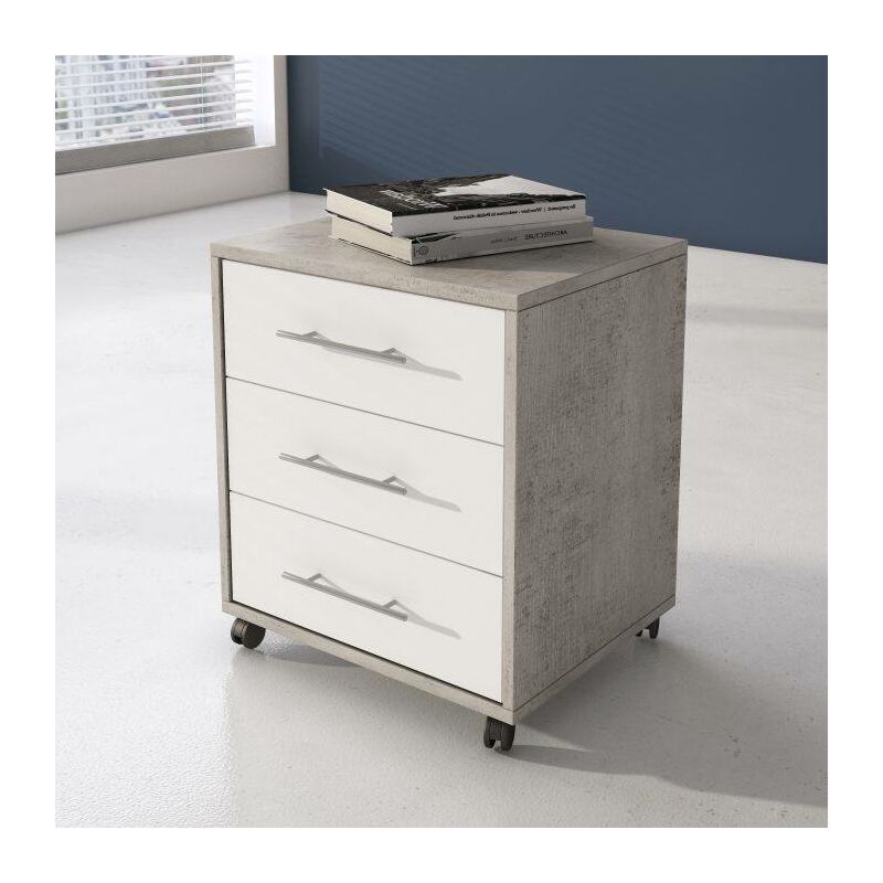 Office Kommode mit 3 Schubladen auf Rollen, Dokumentenhalter, eleganter Schreibtisch Nachttisch, cm 43x40h57, Farbe Zement und Weiß - Dmora