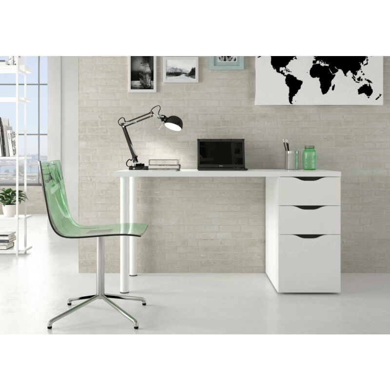 Dmora - Schreibtisch, weiße Farbe, 138 x 74 x 60 cm, mit Kommode, zwei Schubladen und einer Tür.