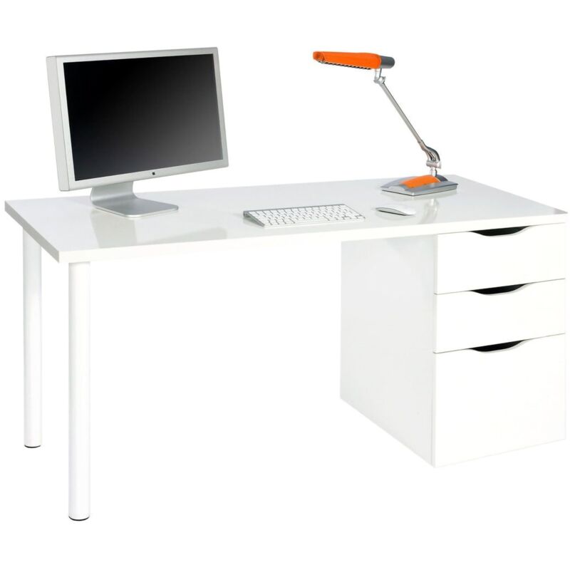 Dmora Weiß Schreibtisch Ddamic, Wendbarer Bürotisch, Studiertisch Mit Kommode Mit 2 Schubladen Und 1 Tür, 138X60h74 Cm,