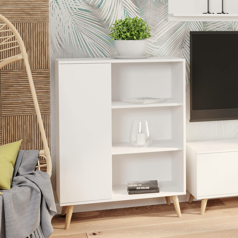 Dmora - Buffet avec 1 porte et 2 étagères, Buffet avec pieds, Buffet de salon de style scandi, Bibliothèque avec étagères, 40x90h116 cm, Couleur Blanc