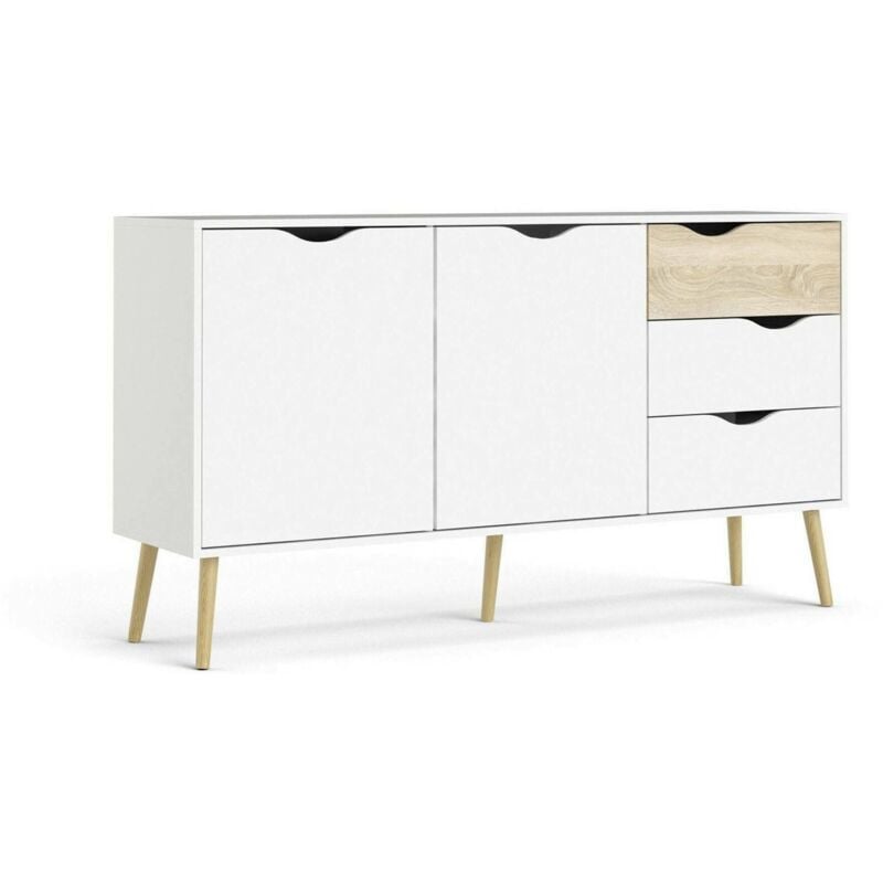 Buffet avec deux portes et trois tiroirs, blanc et chêne, Dimensions 147 x 81 x 39 cm - Dmora