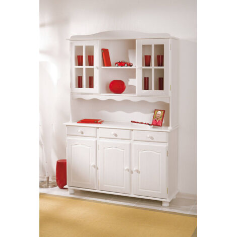 Dmora Buffet avec trois portes et tiroirs avec vitrine supérieure, couleur blanche, 130 x 198 x 32 cm, avec emballage renforcé