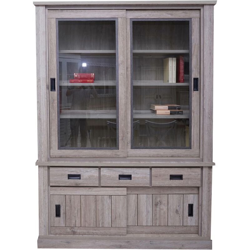 Buffet avec vitrine et base avec deux portes et trois tiroirs, couleur marron, 150 x 203 x 40 cm, avec emballage renforcé - Dmora