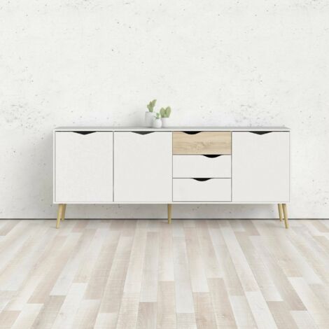 Dmora – Buffet blanc et chêne 3 portes 3 tiroirs – Dimensions 195 x 81 x 39 cm – Résistant aux chocs et rayures – Élégant pour salon ou chambre