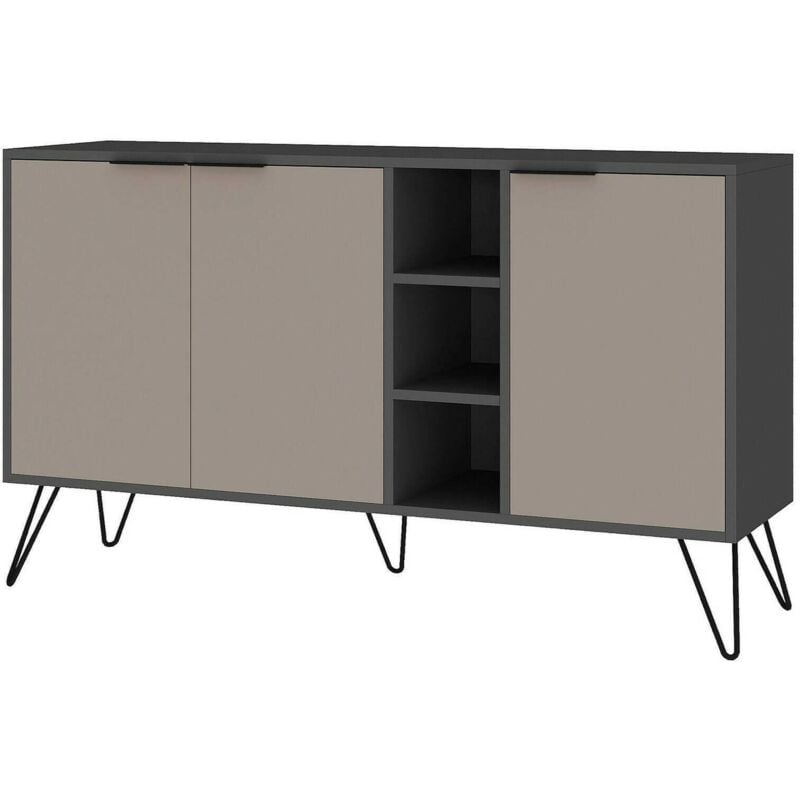 Buffet Dpenz, Buffet du salon, Commode de salon, Garde-manger de cuisine, 142x36h83 cm, Anthracite et Beige - Dmora