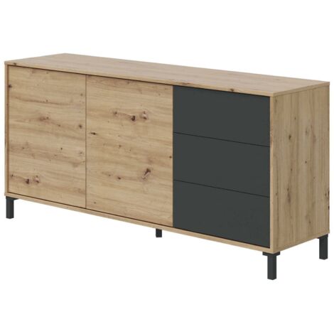 Dmora – Buffet haut moderne 154x41x74 cm – 2 portes et 3 tiroirs – Chêne noueux et anthracite – Résistant aux chocs et rayures - 154x41h74