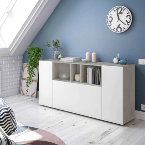 Dmora Buffet haut Paterson, Buffet moderne à 3 portes, Buffet de salon à compartiments, Buffet de salon, Meuble TV, cm 150x41h76, Blanc et Ciment, avec emballage renforcé