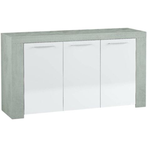 Dmora – Buffet moderne 3 portes 144x42x80 cm – Structure en bois lamellé – Finition béton et blanc – Charnières métalliques anti-bruit - 144x42h80