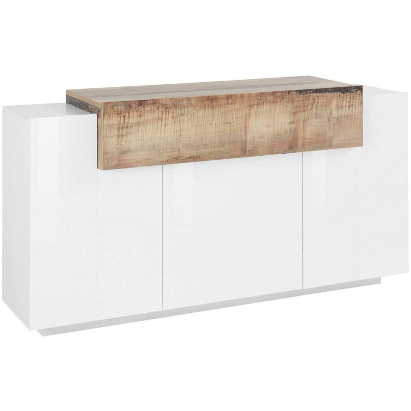 Buffet moderne 4 portes avec abattant, Made in Italy, Buffet de cuisine, Buffet design de salon, 160x45h86 cm, Couleur blanc brillant et Érable, avec