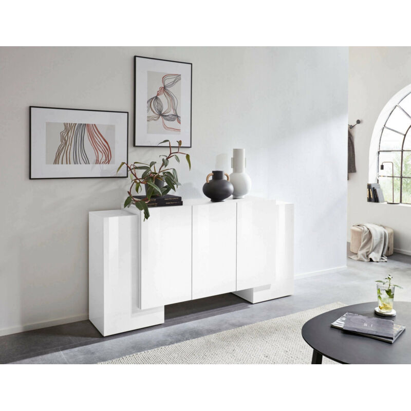 Dmora - Buffet moderne 5 portes, Made in Italy, Buffet de cuisine, Buffet design de salon, 170x45h85 cm, couleur blanc brillant