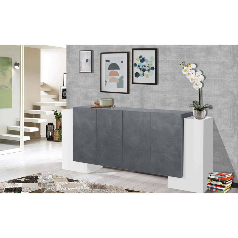 Buffet moderne 6 portes, Made in Italy, Buffet de cuisine, Buffet design de salon, 210x45h85 cm, couleur Blanc Brillant et Gris Frêne, avec emballage