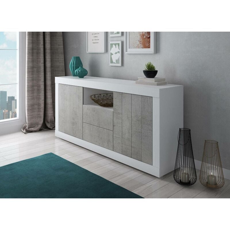Dmora Buffet moderne avec 2 portes, buffet de cuisine, buffet avec étagères, meuble de salon meuble TV, cm 185x44h86, couleur blanc et ciment