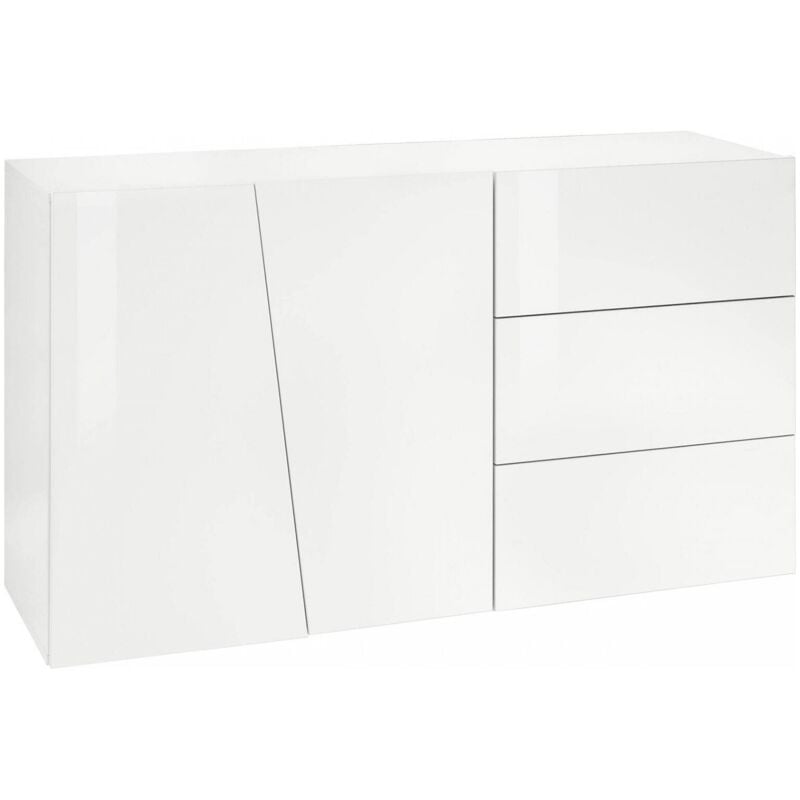 Buffet moderne avec 2 portes et 3 tiroirs, Made in Italy, Buffet de cuisine, Buffet design de salon, 141x43h86 cm, couleur blanc brillant, avec