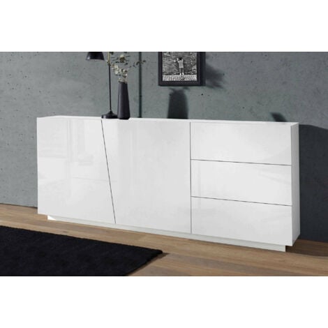 Dmora Buffet moderne avec 2 portes et 3 tiroirs, Made in Italy, Buffet de cuisine, Buffet design de salon, 180x43h86 cm, couleur blanc brillant