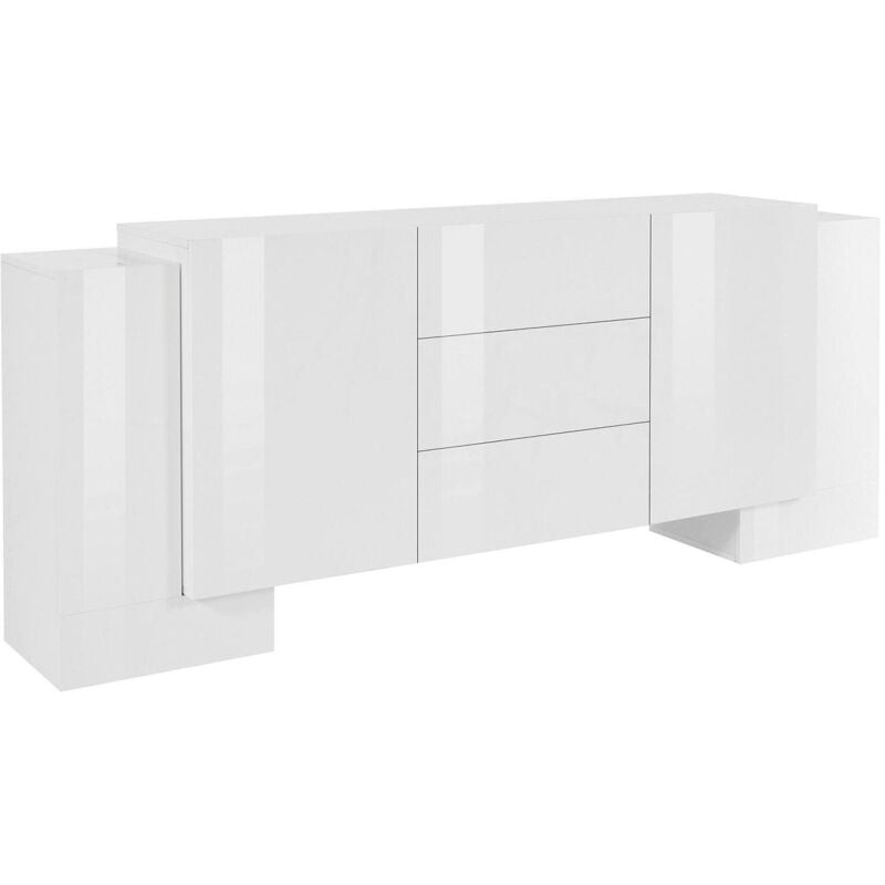 Buffet moderne avec 2 portes et 3 tiroirs, Made in Italy, Buffet de cuisine, Buffet design de salon, 210x45h85 cm, couleur blanc brillant, avec