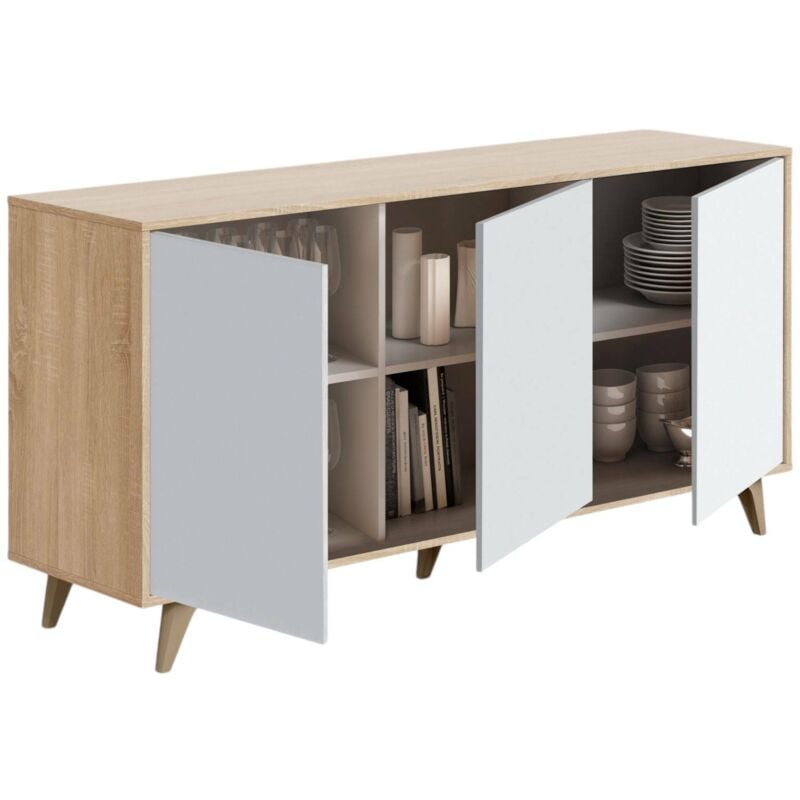 Dmora Buffet Arvada, Buffet moderne avec 3 portes et étagères, Buffet de cuisine, Buffet design de salon, cm 154x40h75, Chêne et Blanc, avec