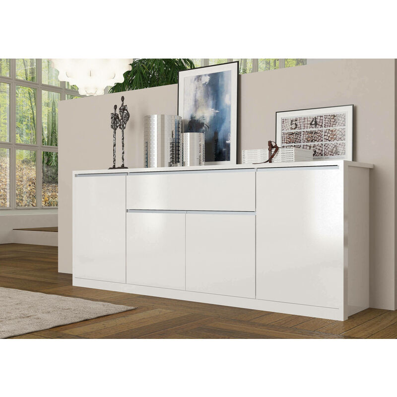 Dmora - Buffet moderne avec 4 portes et 1 tiroir, Made in Italy, Buffet de cuisine, Buffet design de salon, 210x45h85 cm, couleur Blanc brillant