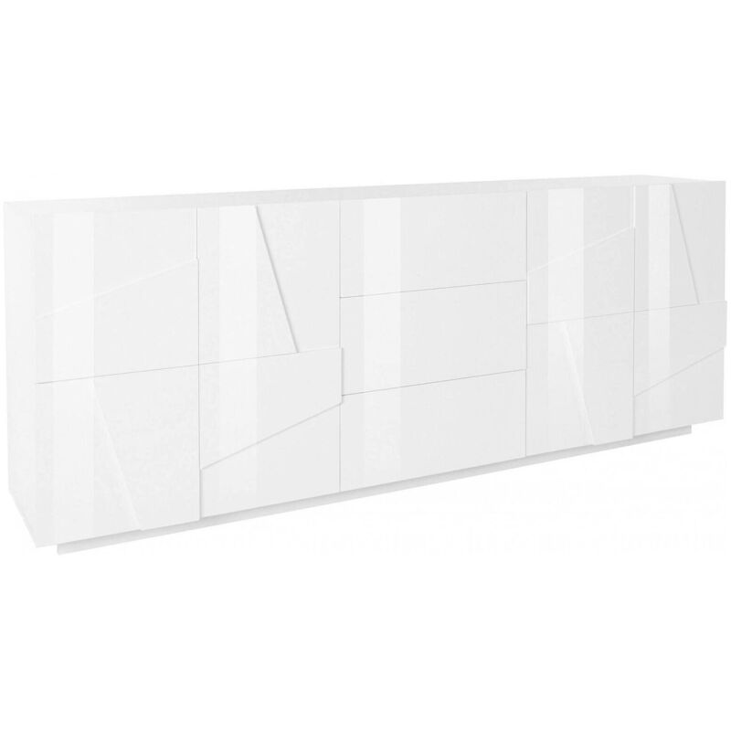 Buffet moderne avec 4 portes et 3 tiroirs, Made in Italy, Buffet de cuisine avec détail, Buffet de salon design, 224x44h86 cm, couleur blanc