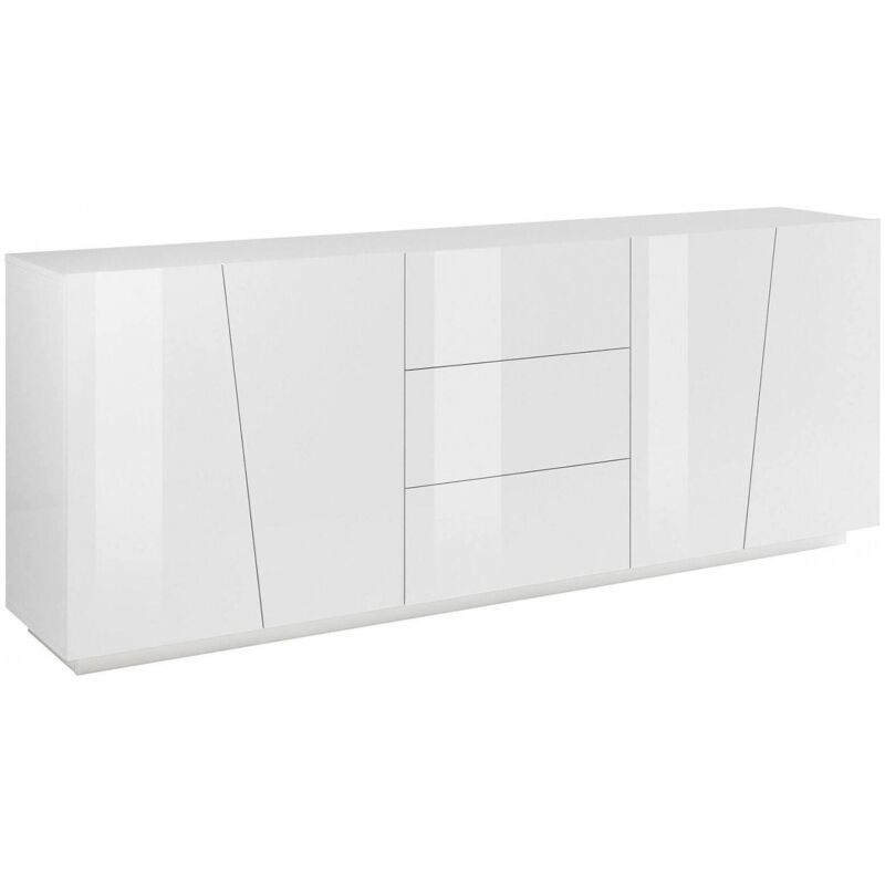 Buffet moderne avec 4 portes et 3 tiroirs, Made in Italy, Buffet de cuisine, Buffet design de salon, 220x43h86 cm, couleur blanc brillant, avec