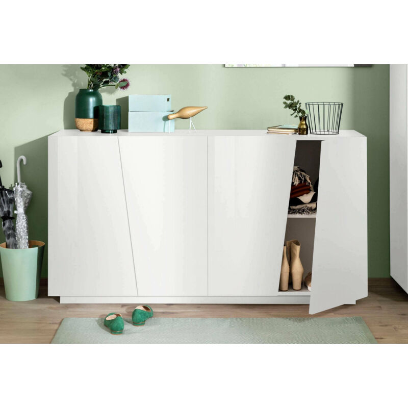 Dmora Buffet moderne avec 4 portes, Made in Italy, Buffet de cuisine, Buffet design de salon, 159x43h86 cm, couleur blanc brillant, avec emballage